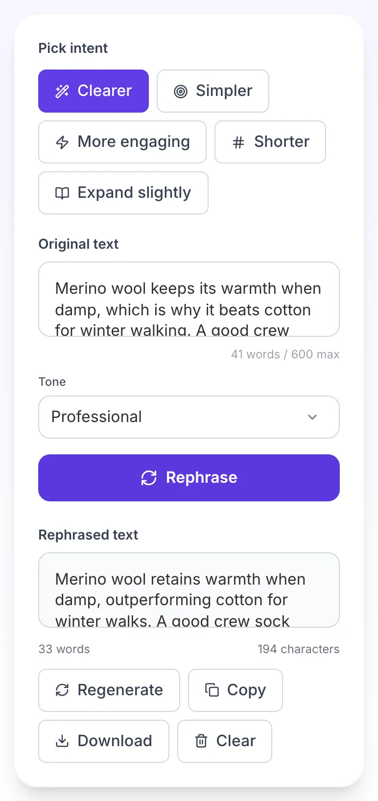 AI Rephrase showing its result
