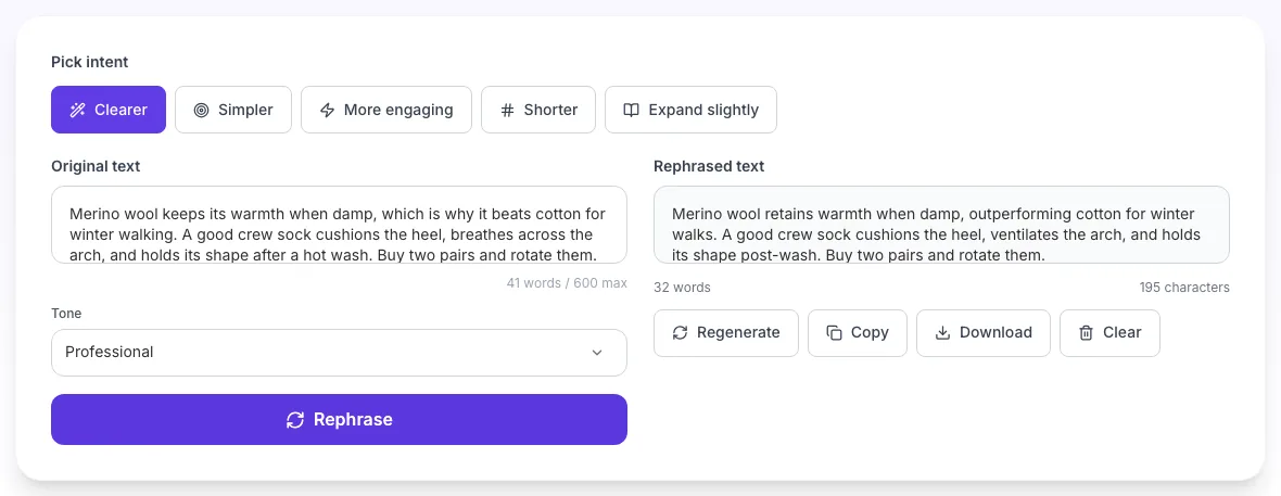 AI Rephrase showing its result