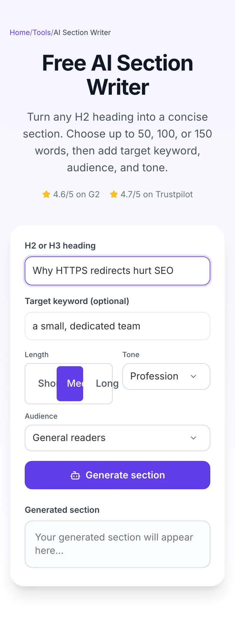 AI Section Writer with input filled in