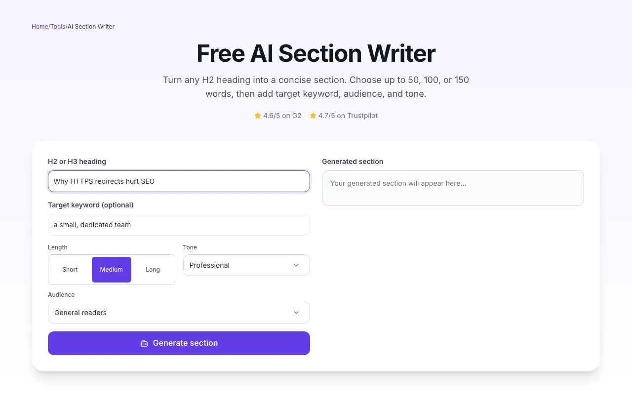 AI Section Writer with input filled in