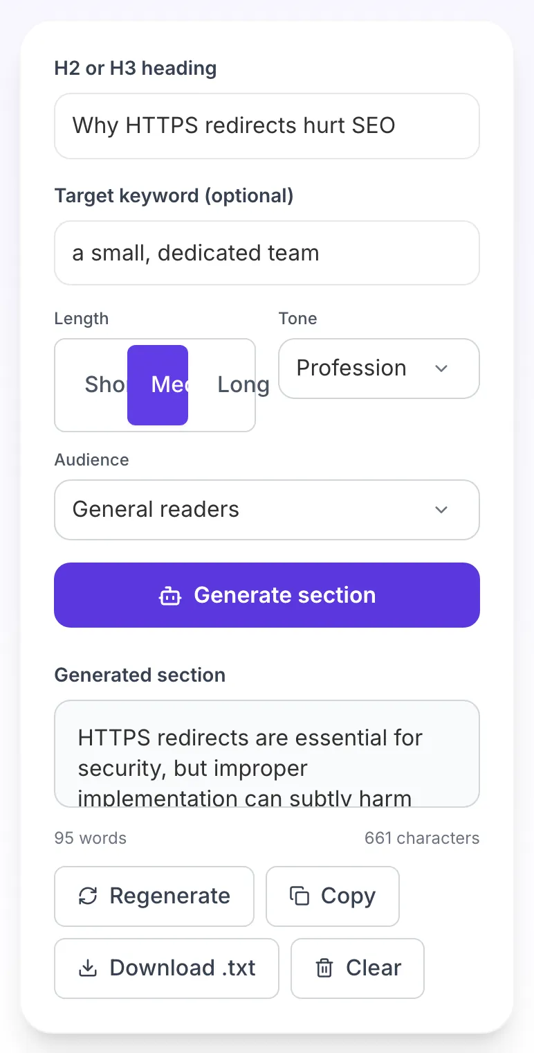 AI Section Writer showing its result