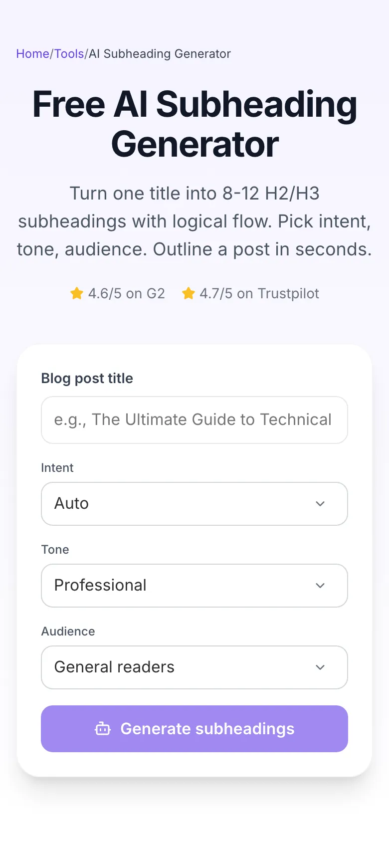 Empty AI Subheading Generator before any input
