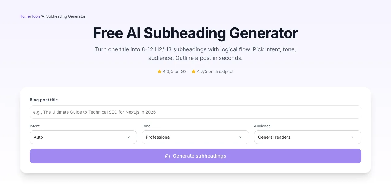 Empty AI Subheading Generator before any input