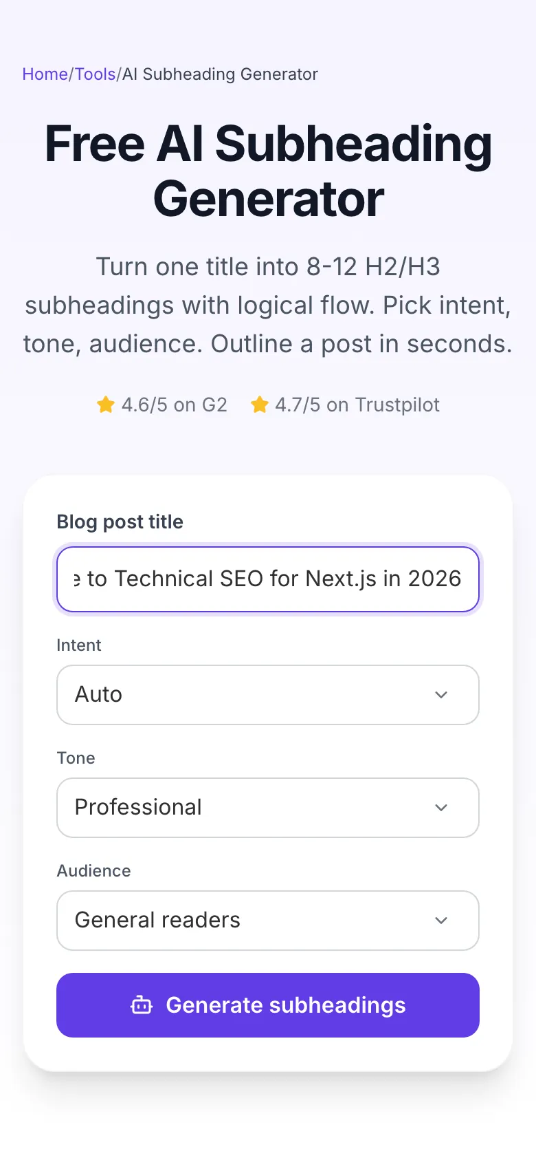 AI Subheading Generator with input filled in