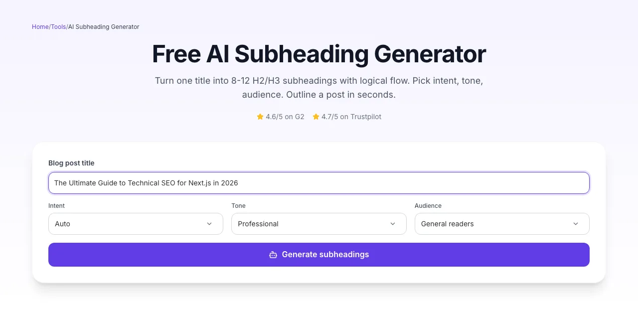 AI Subheading Generator with input filled in