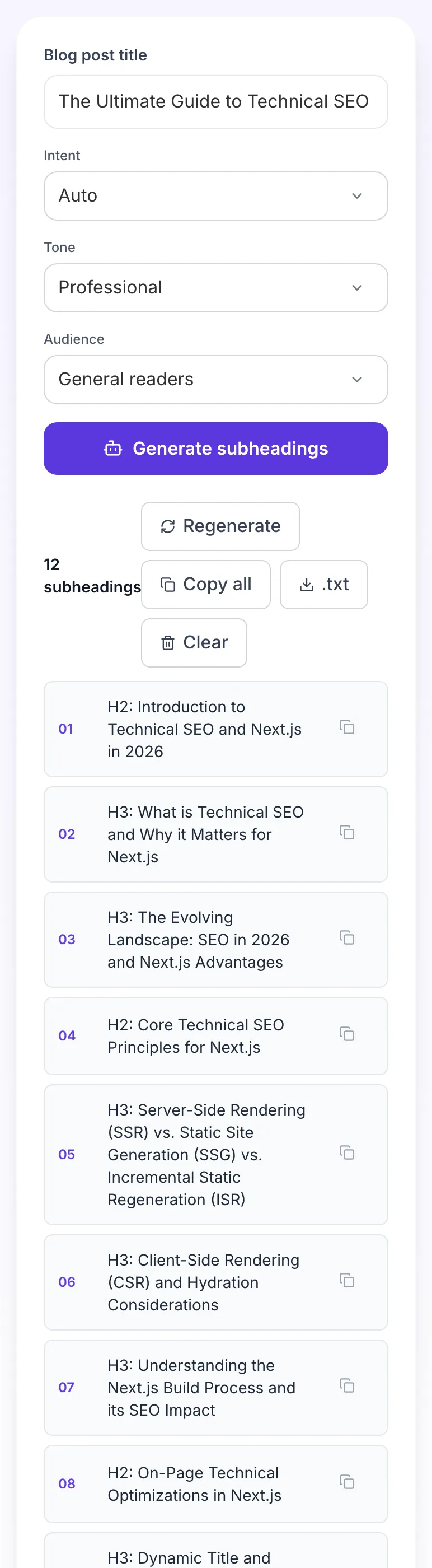 AI Subheading Generator showing its result