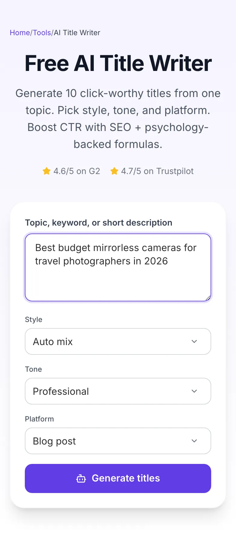 AI Title Writer with input filled in