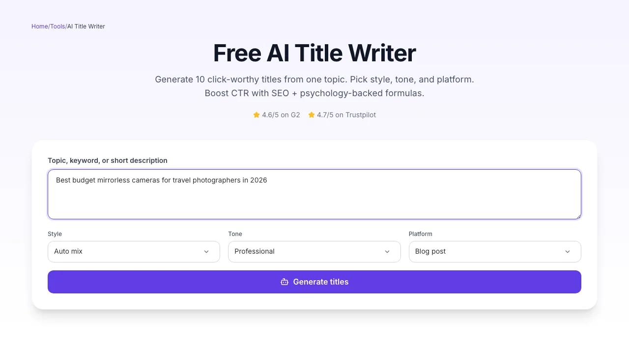 AI Title Writer with input filled in