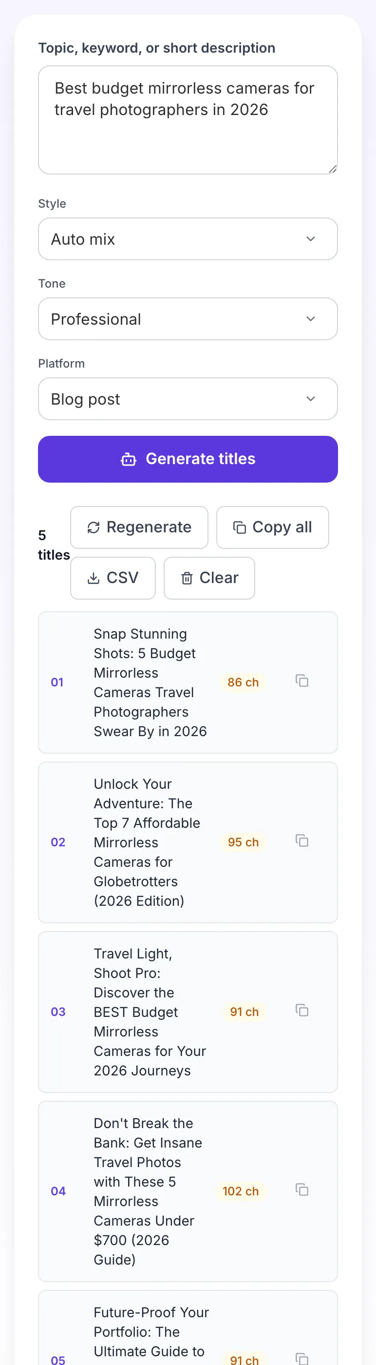 AI Title Writer showing its result