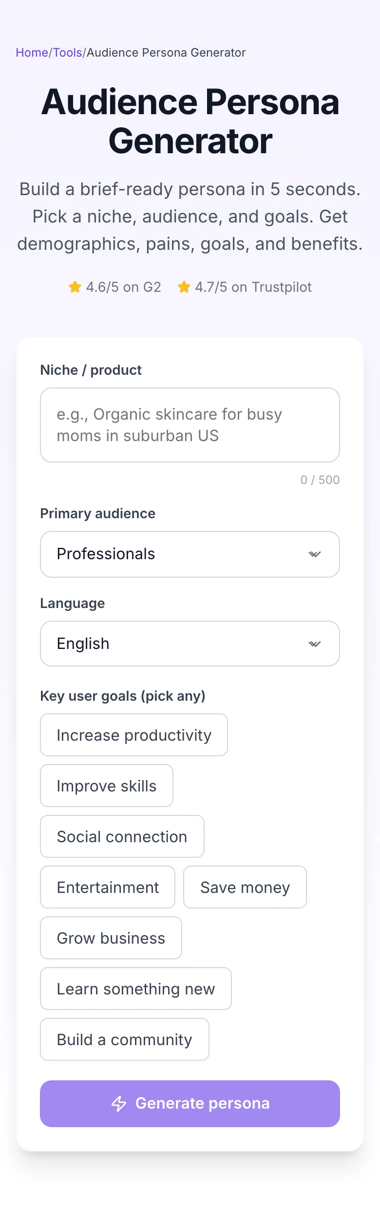 Empty Audience Persona Generator before any input