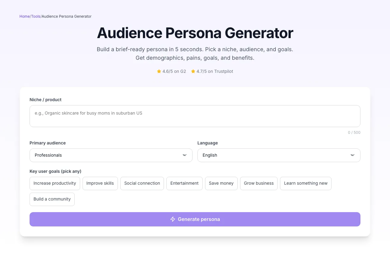 Empty Audience Persona Generator before any input