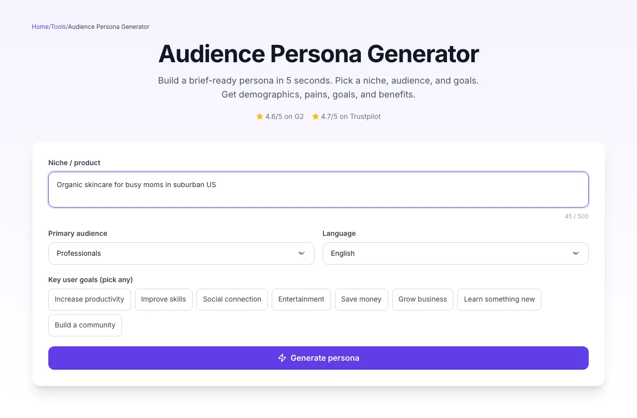 Audience Persona Generator with input filled in