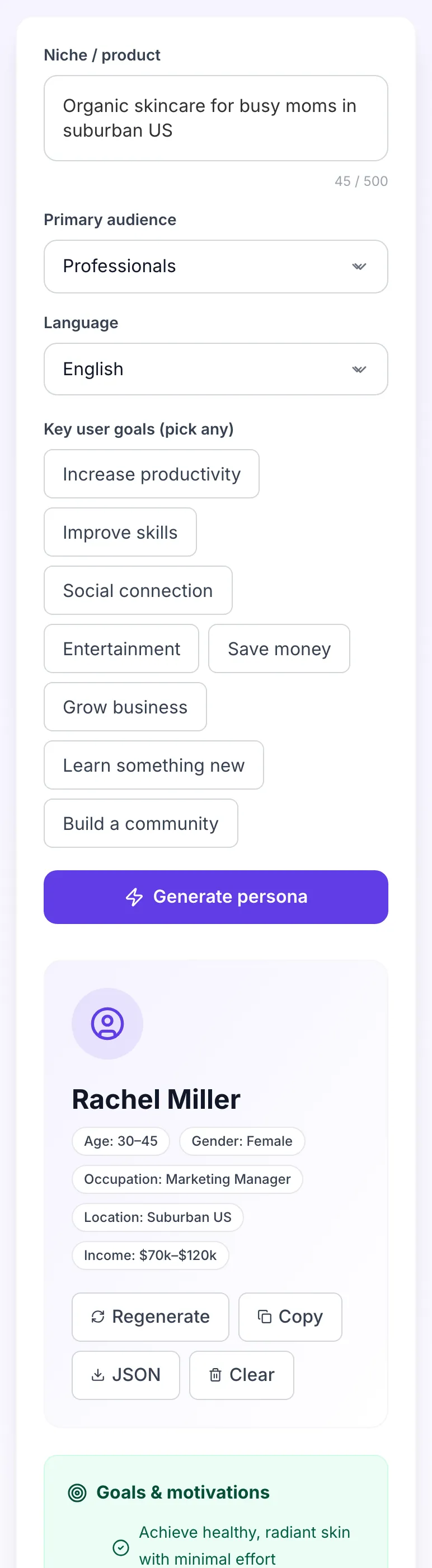 Audience Persona Generator showing its result