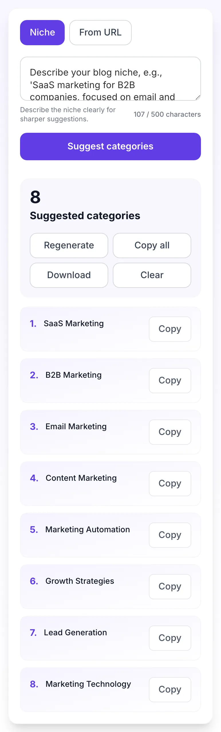 Blog Category Suggestion showing its result