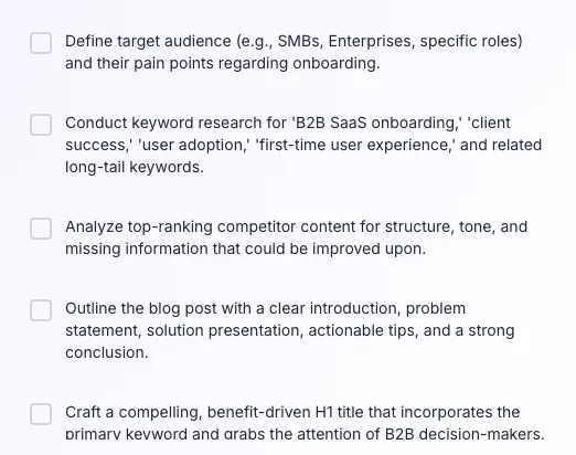 Blog Checklist Generator showing its result