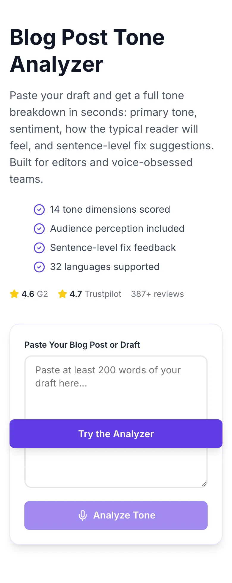 Empty Blog Post Tone Analyzer before any input