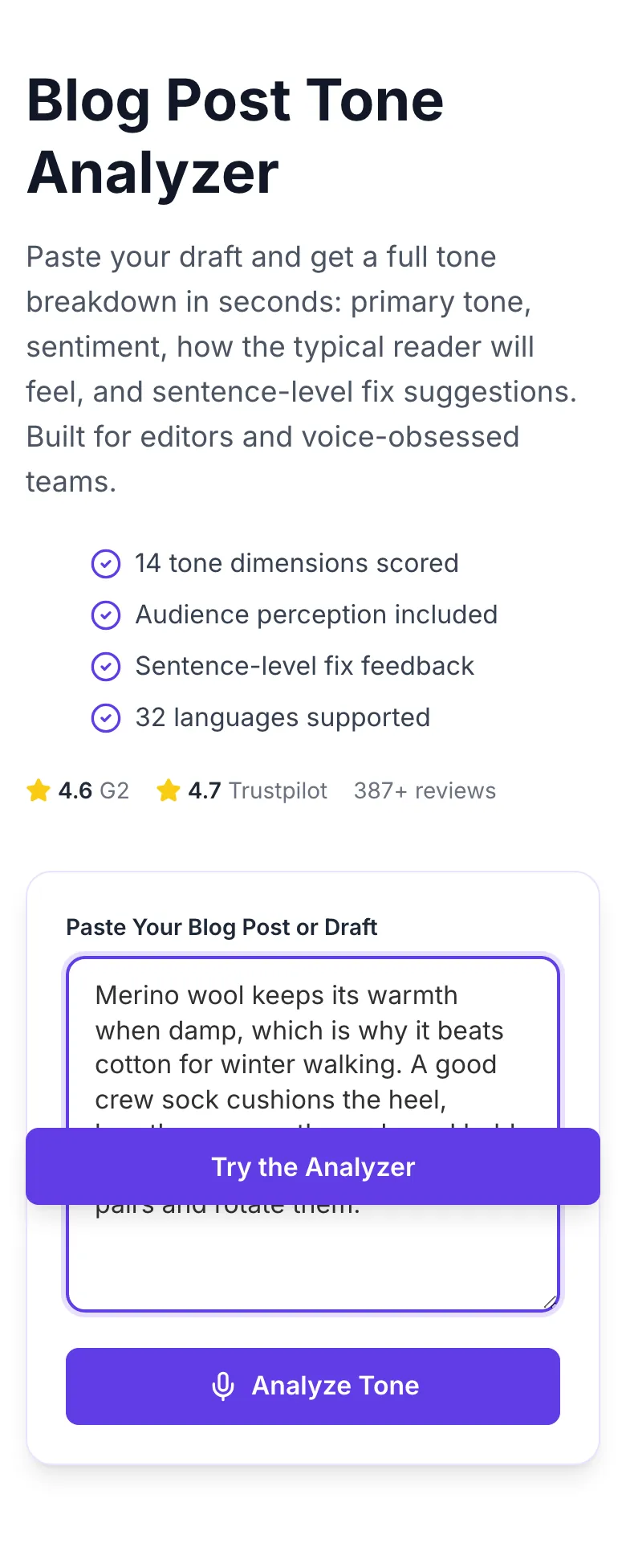 Blog Post Tone Analyzer with input filled in