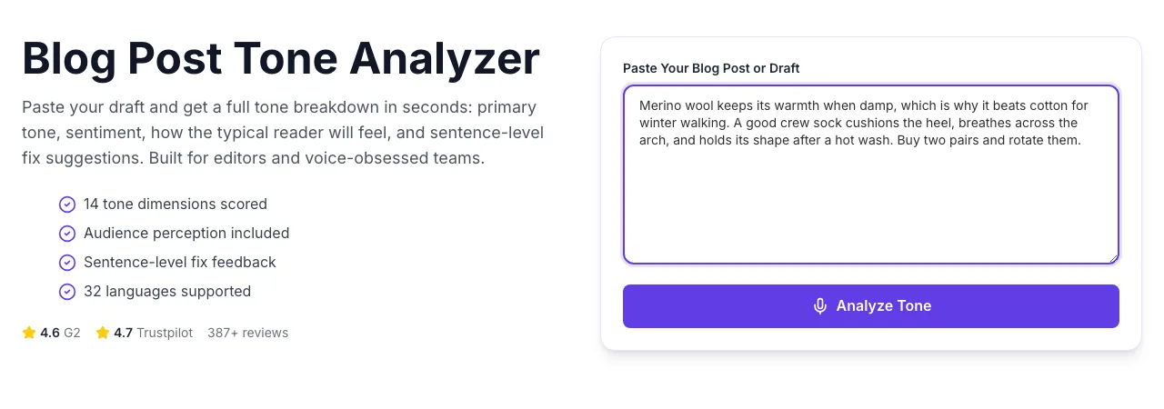 Blog Post Tone Analyzer with input filled in