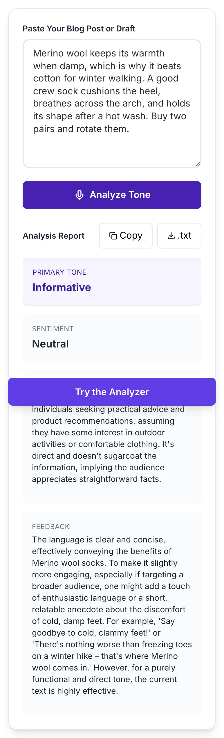 Blog Post Tone Analyzer showing its result