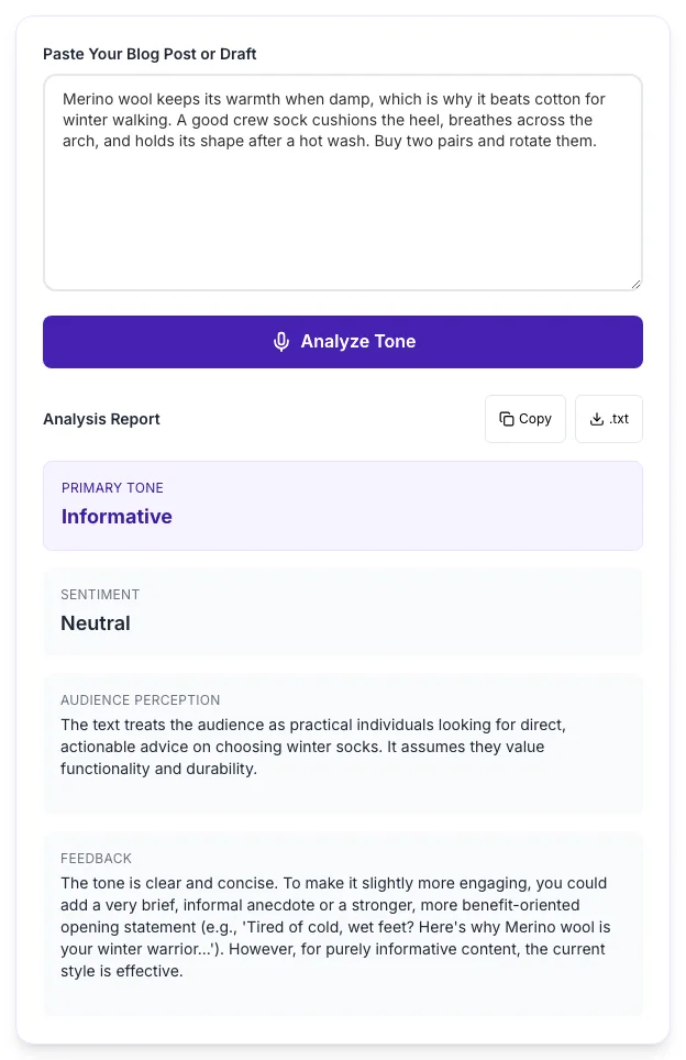 Blog Post Tone Analyzer showing its result