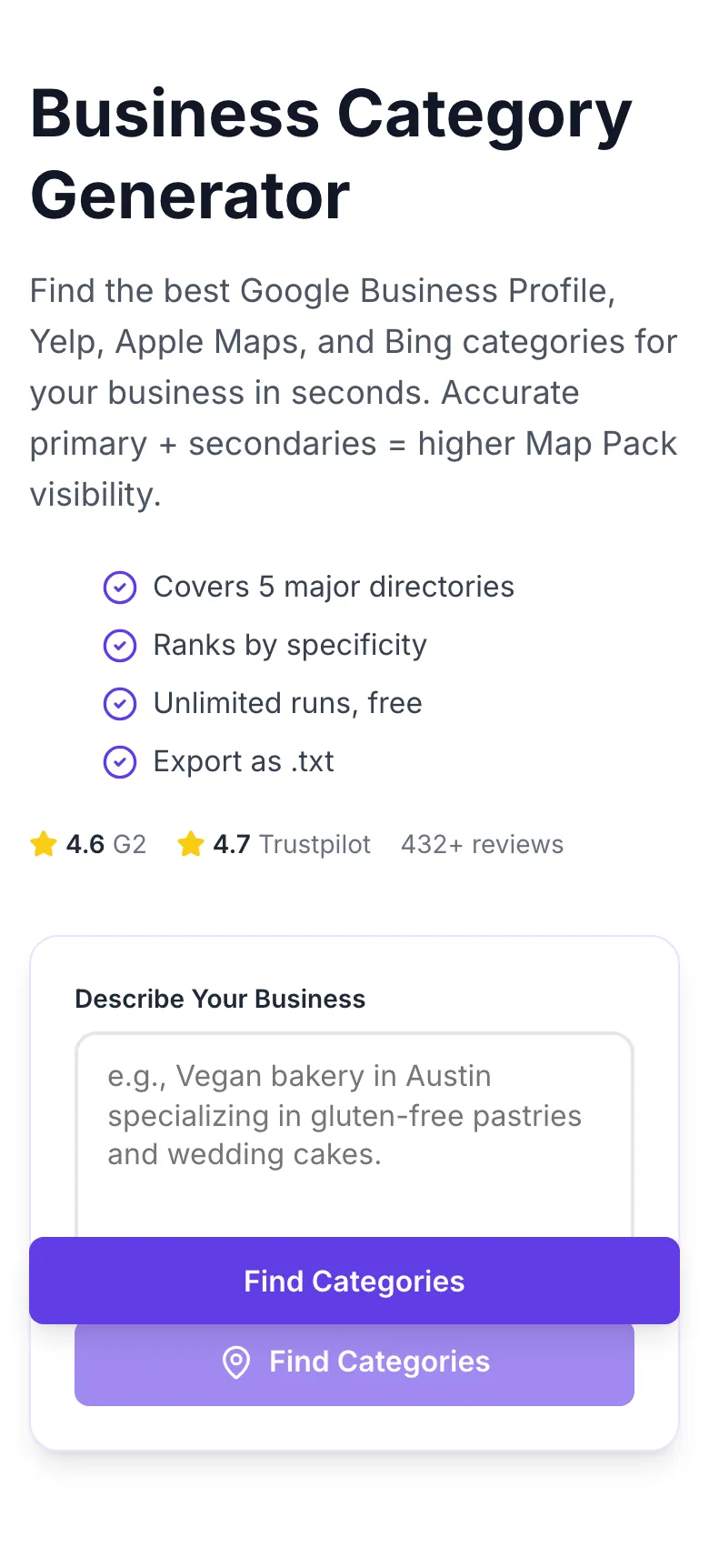 Empty Business Category Generator before any input
