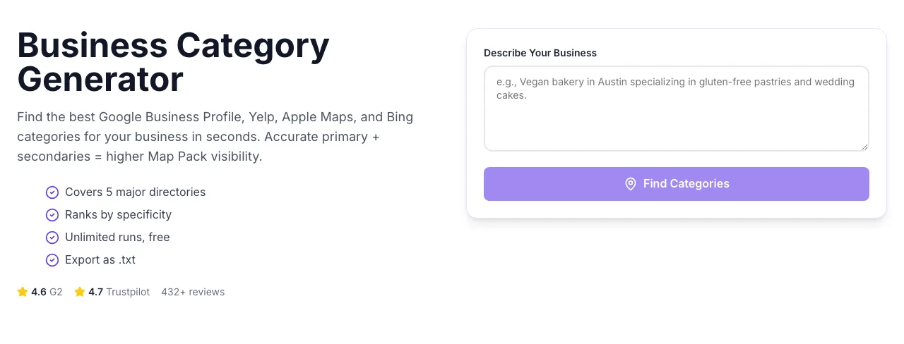 Empty Business Category Generator before any input