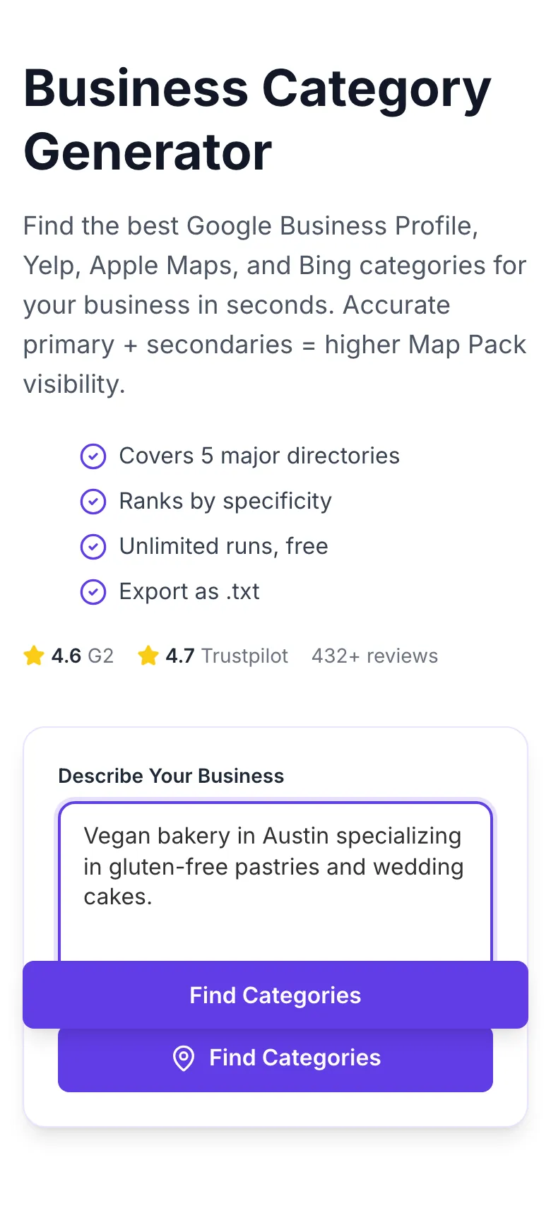 Business Category Generator with input filled in
