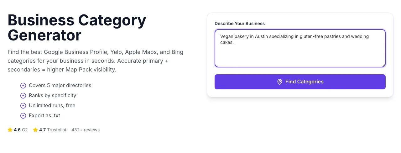 Business Category Generator with input filled in
