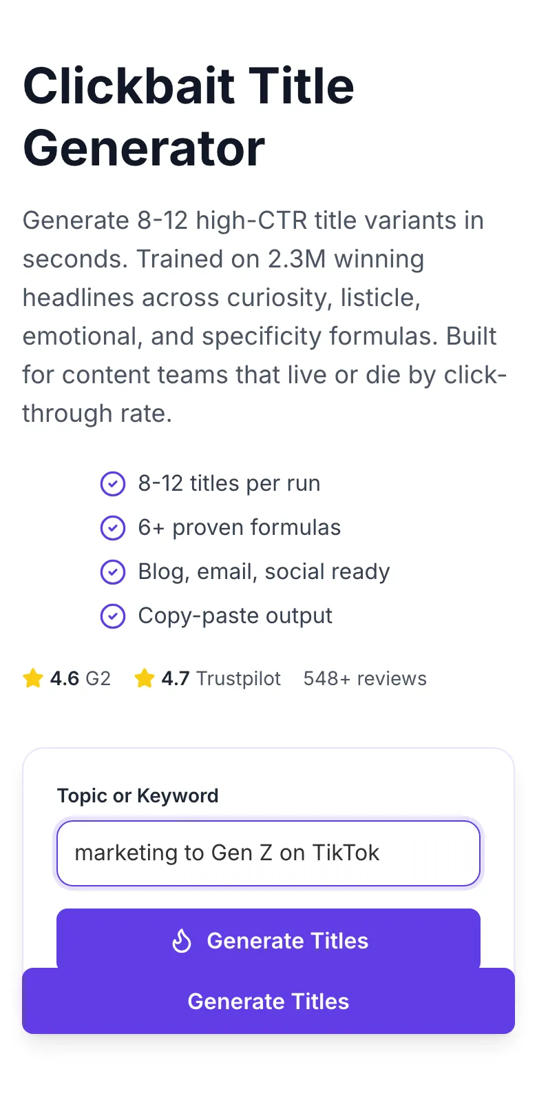 Clickbait Title Generator with input filled in