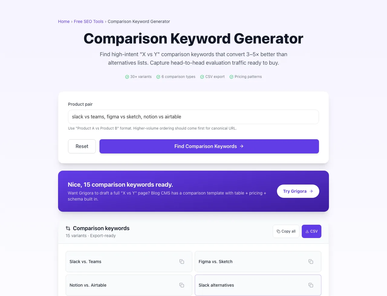 Comparison Keyword Generator showing its result