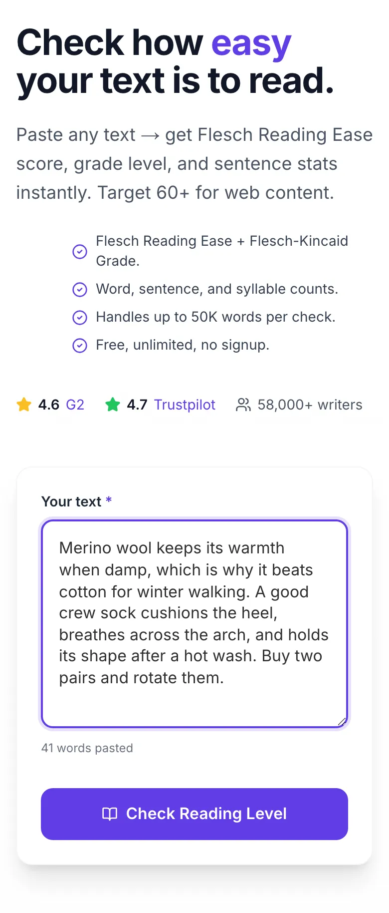 Content Reading Level Checker with input filled in
