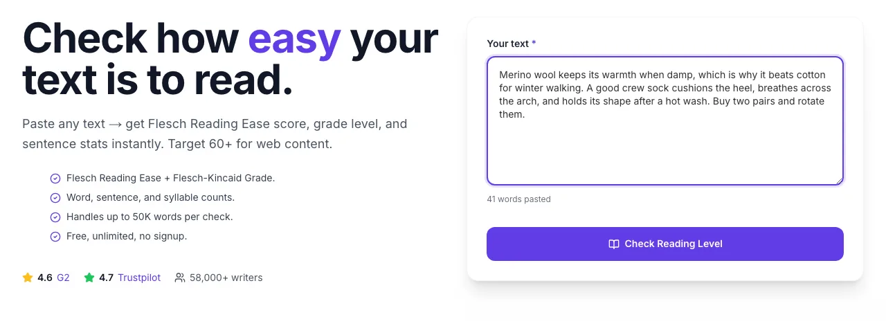 Content Reading Level Checker with input filled in