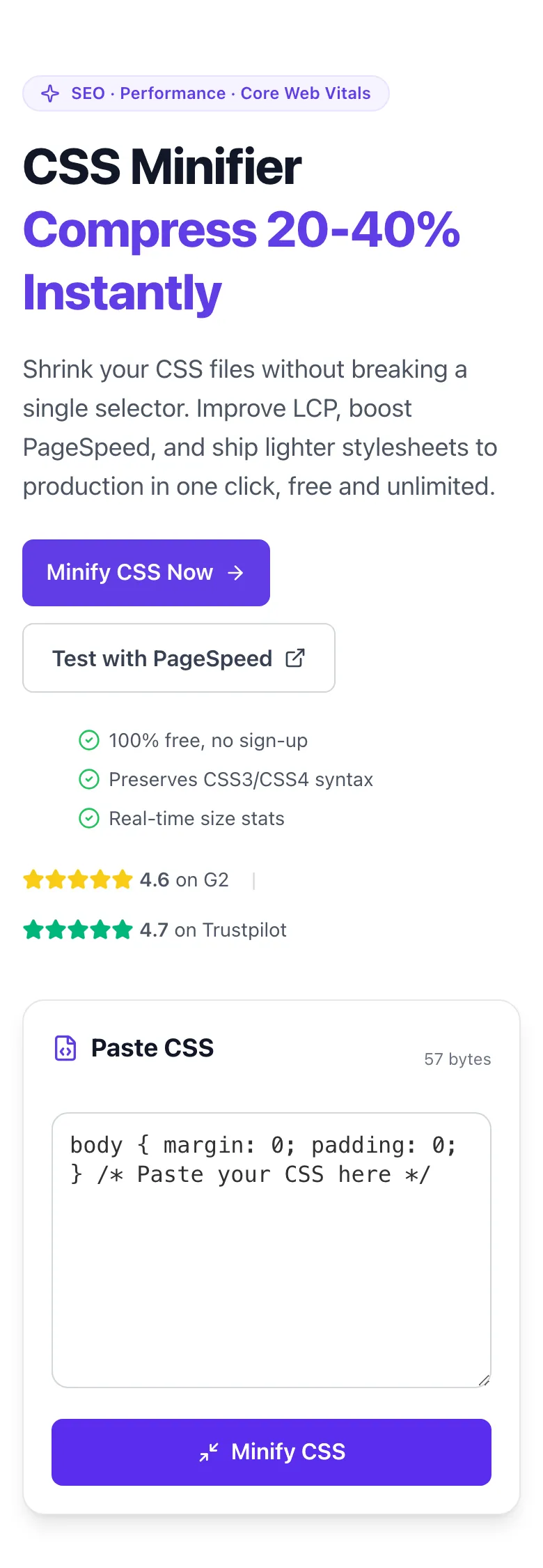 CSS Minifier showing its result