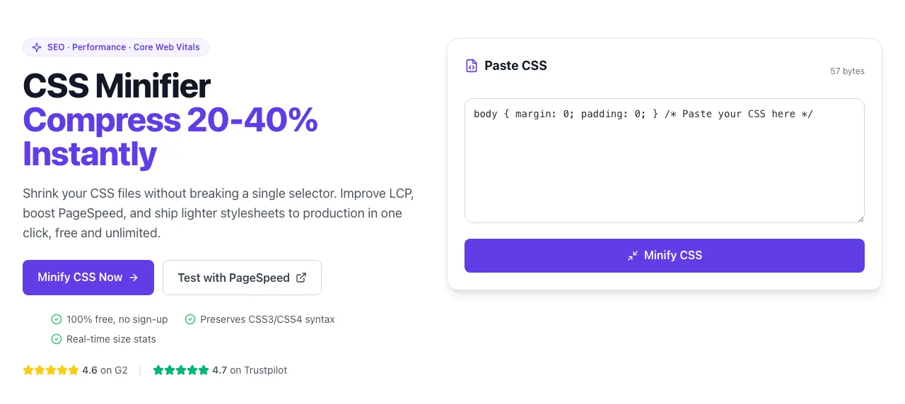 CSS Minifier showing its result