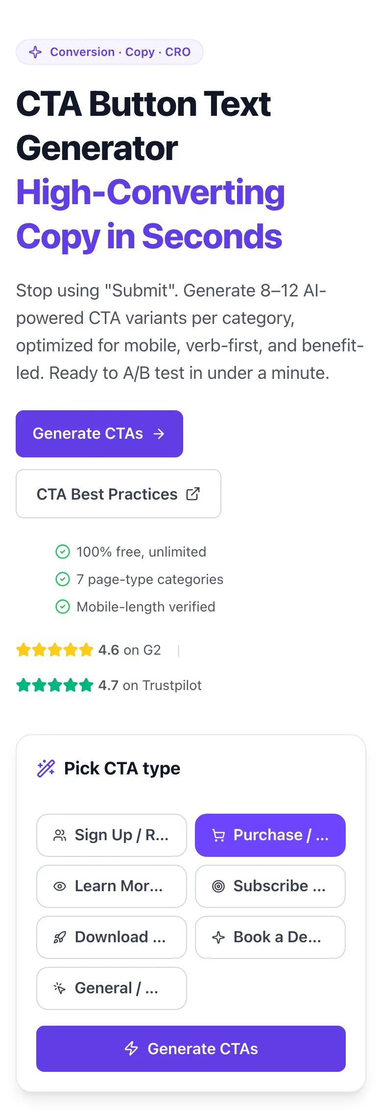 CTA Button Text Generator with "Purchase / Ecommerce" selected