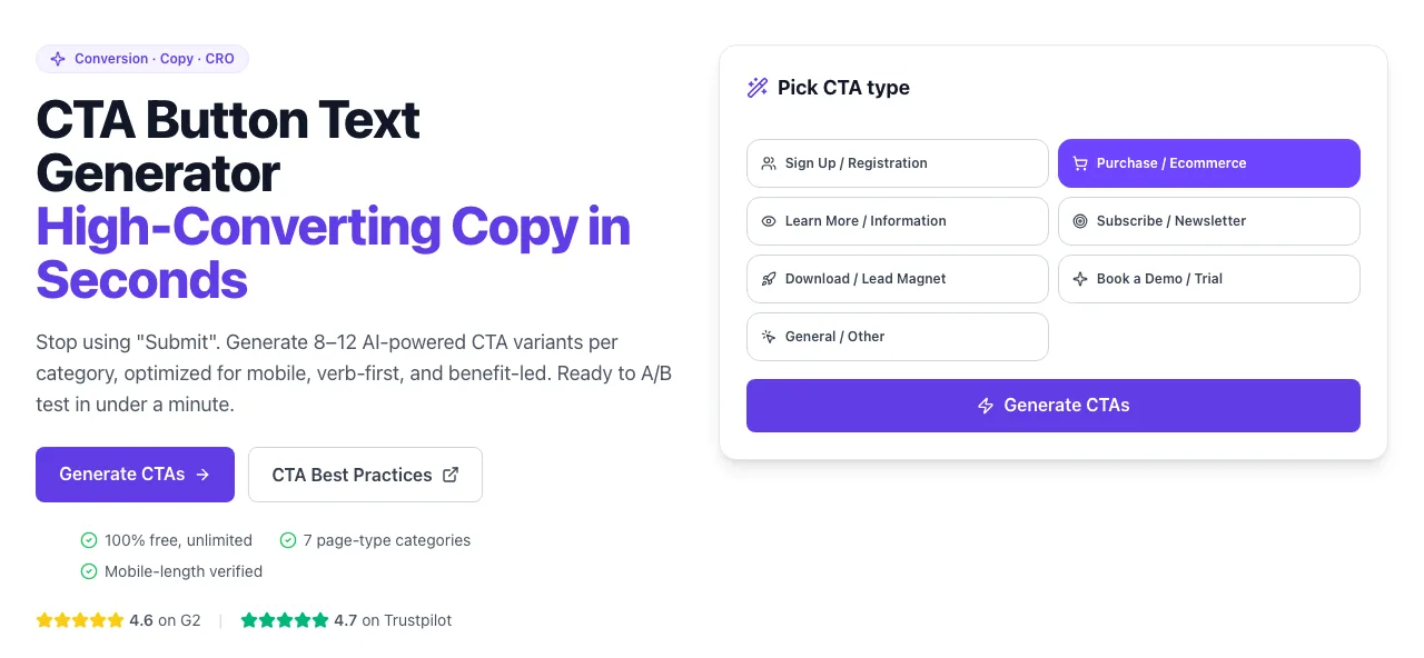 CTA Button Text Generator with "Purchase / Ecommerce" selected