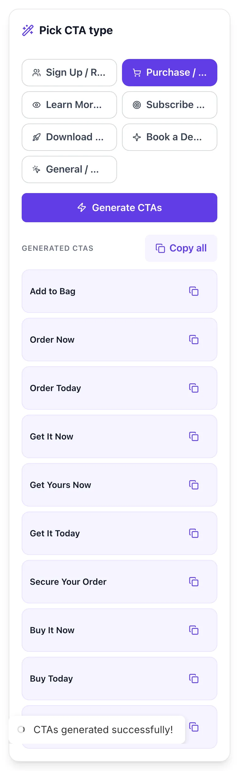 CTA Button Text Generator showing its result