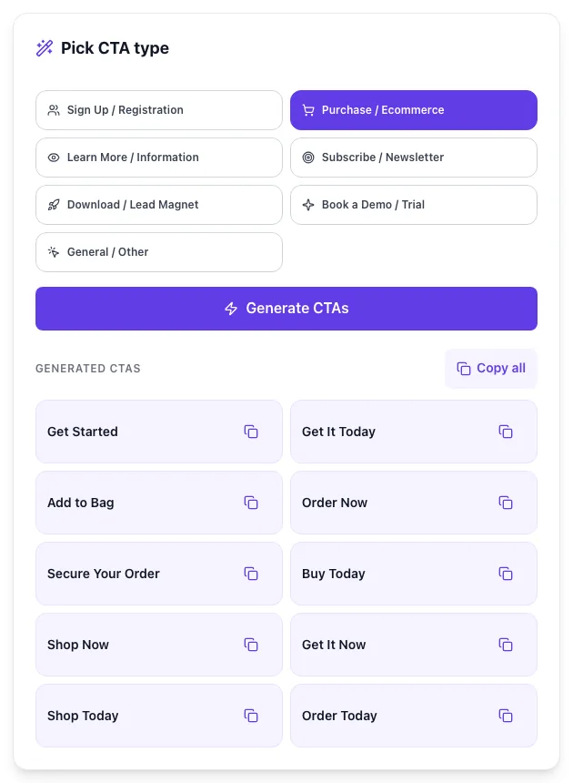CTA Button Text Generator showing its result
