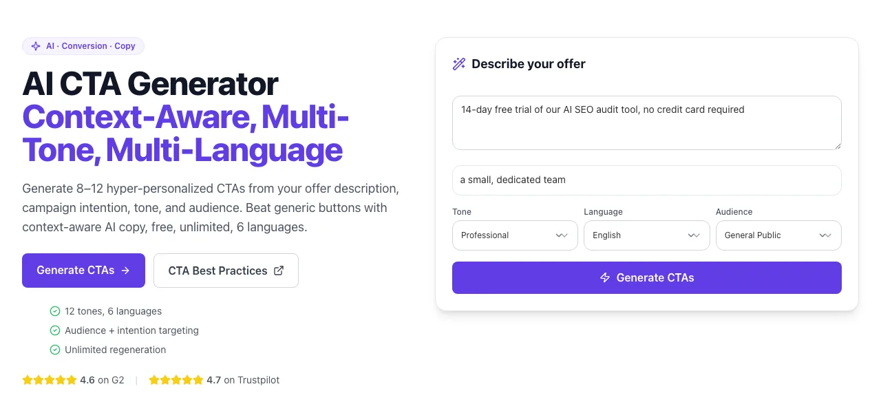 CTA Generator showing its result