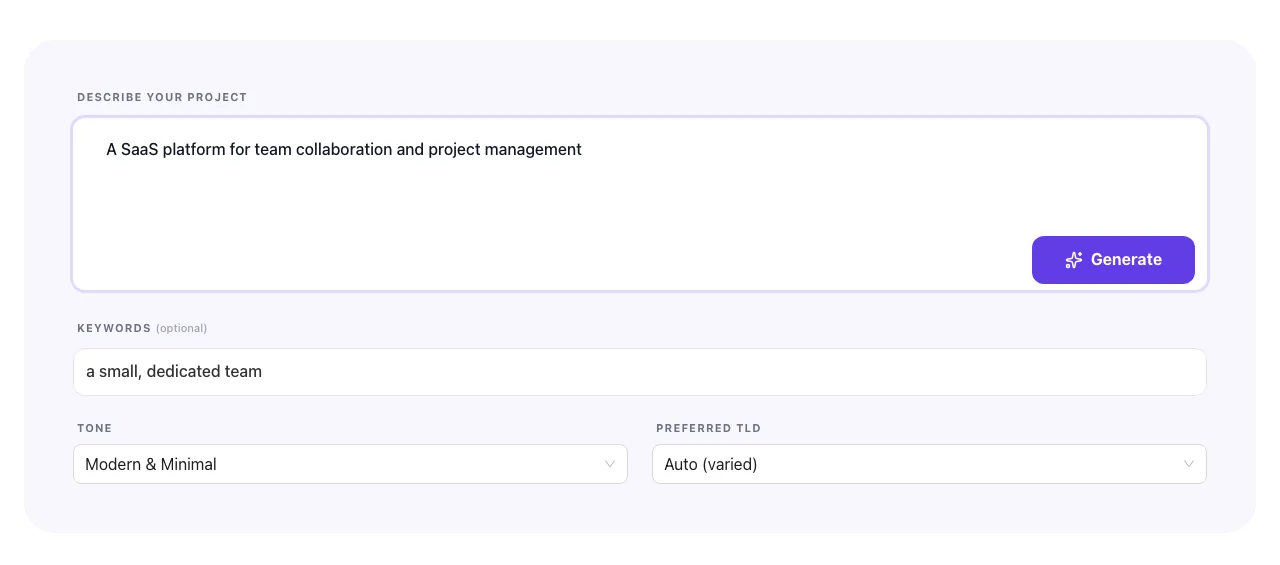 Domain Name Generator with input filled in