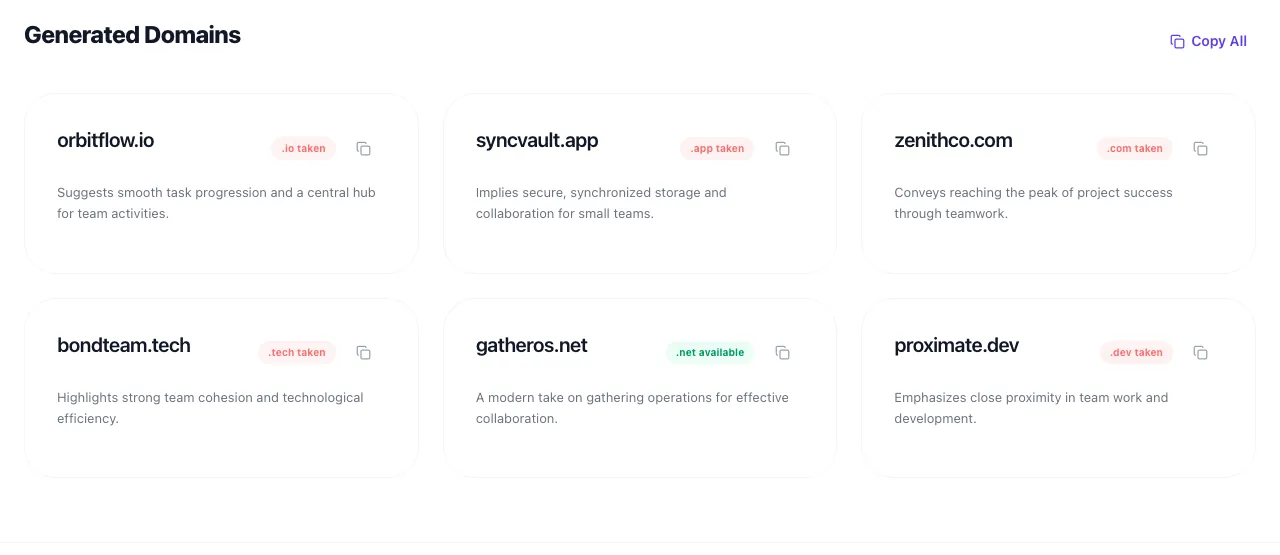 Domain Name Generator showing its result