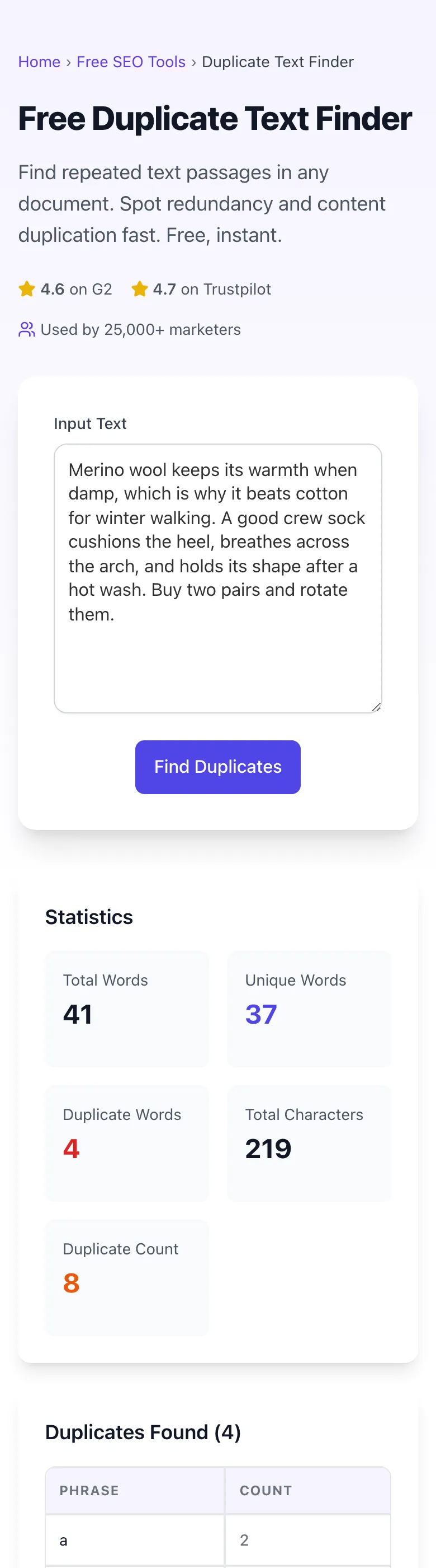Duplicate Text Finder showing its result