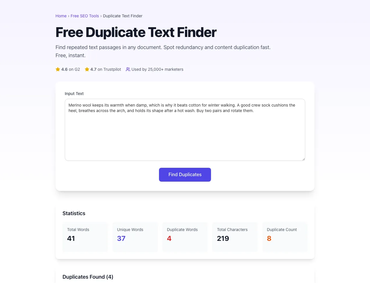 Duplicate Text Finder showing its result