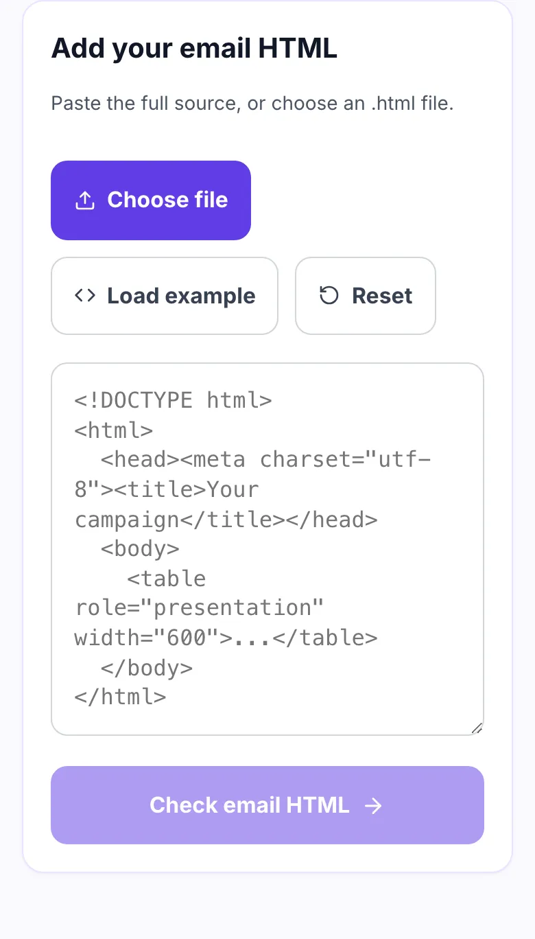 Empty email HTML checker showing a paste box and a Choose file button