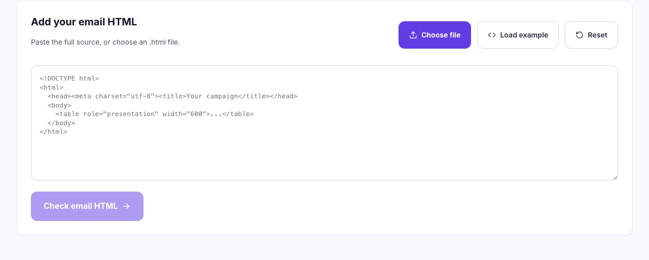 Empty email HTML checker showing a paste box and a Choose file button
