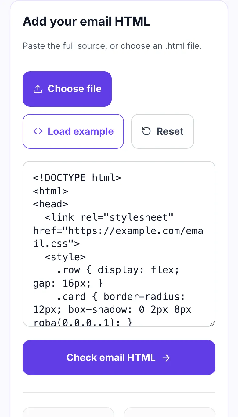 Email HTML checker with example email template HTML loaded into the box