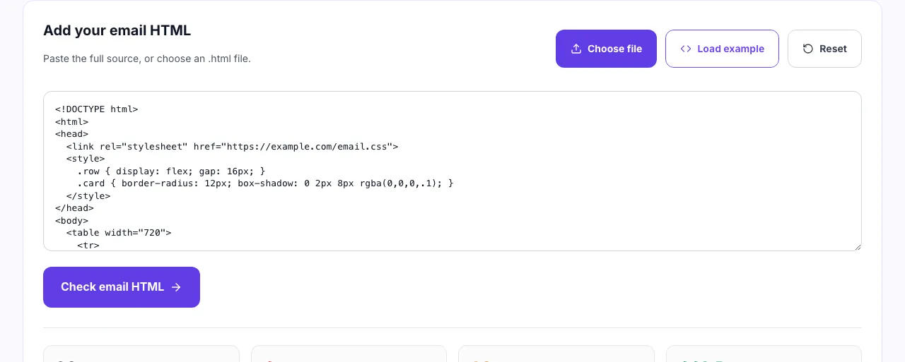 Email HTML checker with example email template HTML loaded into the box