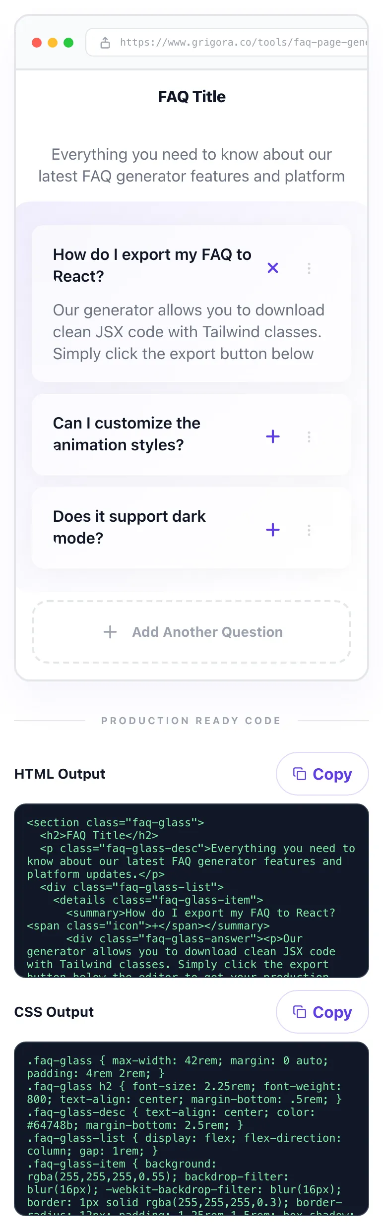 FAQ Page Generator showing its result