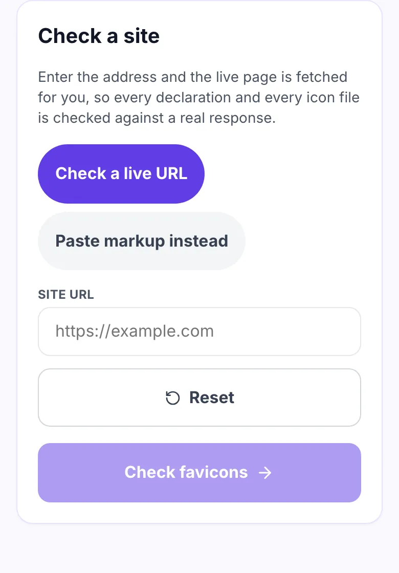 Favicon checker showing an empty site URL field