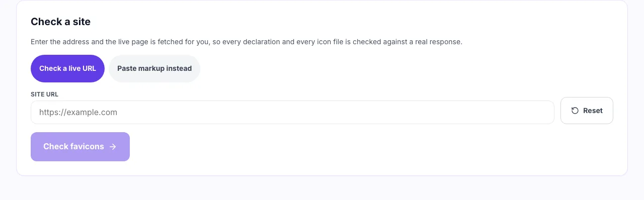 Favicon checker showing an empty site URL field